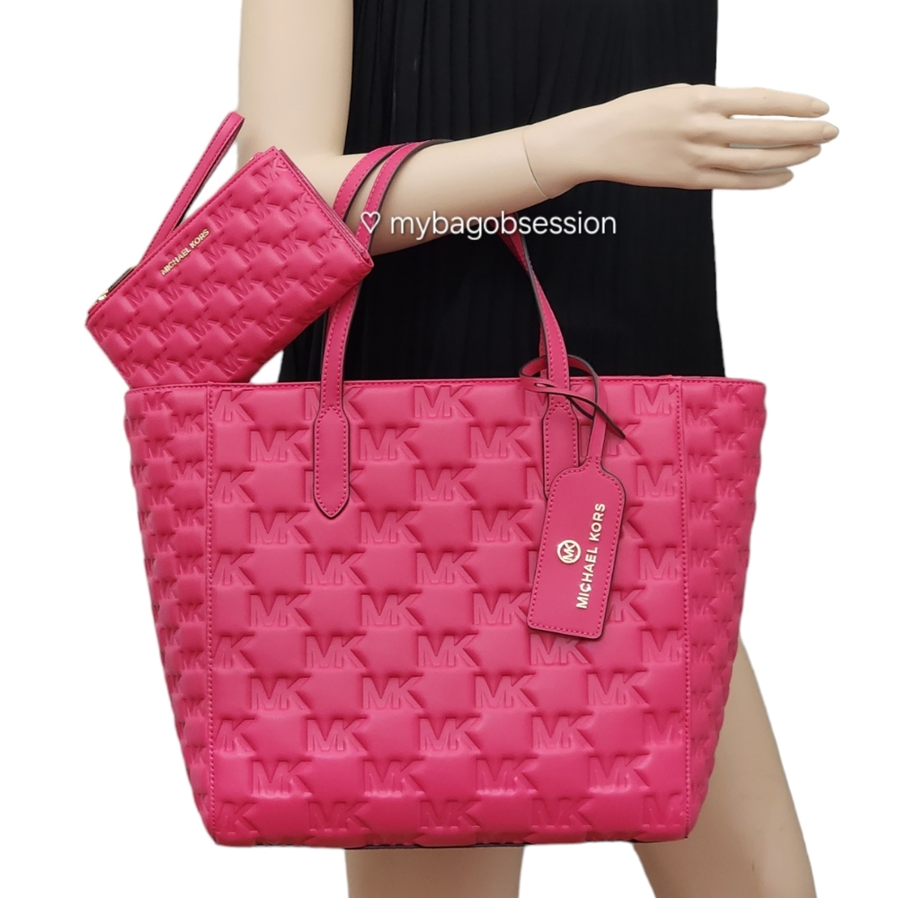 Michael Kors Sinclair Embossed Logo Large Pink Tote SET - Picture 1 of 11